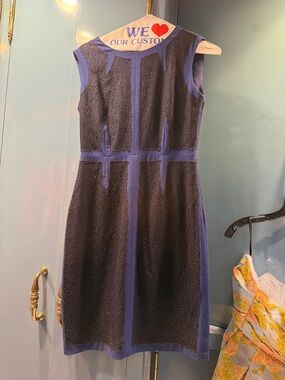 BCBGMaxAzria Black and Navy Textured Lace-Panel Midi Dress